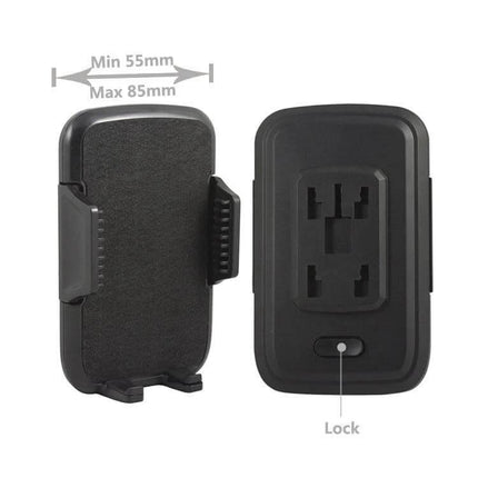 Phone Holder for 4.5-6.3 Inch Phones, Flexible Angle Mount showcasing adjustable 55-85mm grip, lock mechanism and tool-free setup