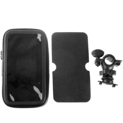 Bicycle Handlebar Phone Case Waterproof Zipper Touch Bag shown with mount, foam insert and clear touch window for on-bike navigation and rain protection