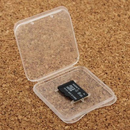 Transparent Plastic Storage Box for Micro SD Cards, 100 Pack with single Micro SD card shown open to protect cards from dust and scratches
