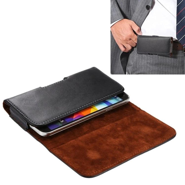 Genuine Leather Smartphone Waist Bag For Daily Walks showing black leather belt pouch with smartphone inside and brown suede lining