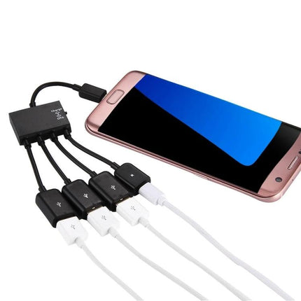 Versatile Adapter for Everyday Smartphone Device Connections showing phone with multiple USB cables for charging and data transfer