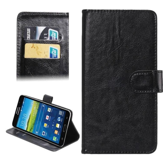 Crazy Horse Texture Phone Case With Rotating Stand showing black wallet case with card slots and kickstand for hands-free viewing