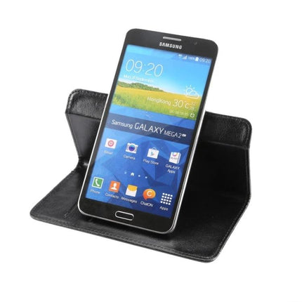 Crazy Horse Texture Phone Case With Rotating Stand showing black textured folio case propped as a hands-free stand