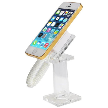 Anti-Theft Phone Holder for Smartphones in Retail Settings - clear display stand with ABS elastic cable securing a demo smartphone