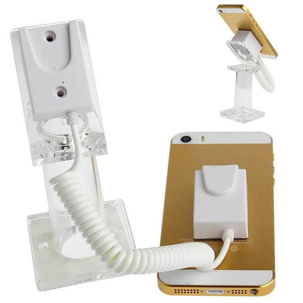 Anti-Theft Phone Holder for Smartphones in Retail Settings - clear ABS display stand with coiled elastic security cable attached to a gold smartphone