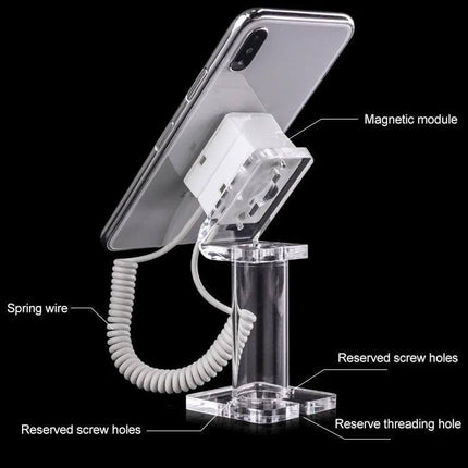 Anti-Theft Phone Holder for Smartphones in Retail Settings displaying a secured phone on a clear stand with elastic ABS cable