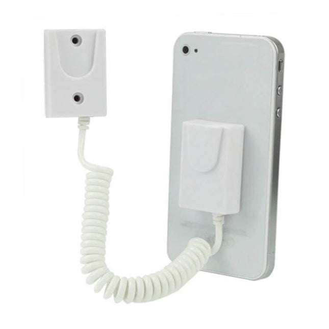 Anti-Theft Mobile Phone Display Holder for Retail Stores white tethered phone display with coiled ABS cable securing smartphone