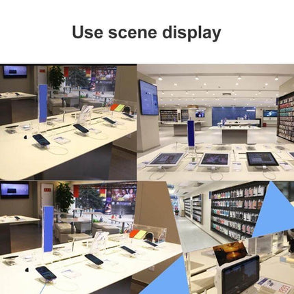 Anti-Theft Mobile Phone Display Holder for Retail Stores showing tethered smartphones on demo tables in a bright electronics retail showroom