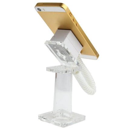 Universal Anti-Theft Holder for Mobile Phone Retail Displays securing gold smartphone on clear retail display stand