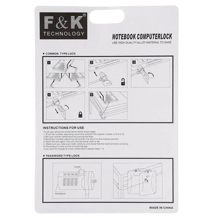 Universal Laptop Anti-Theft Security Chain Lock, 1.2 Meters - packaging insert showing F&K notebook computer lock instructions and diagrams
