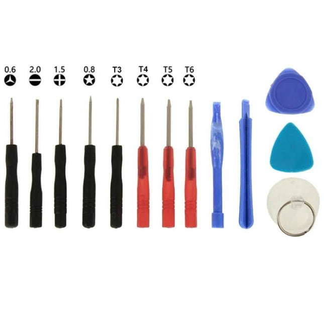 Universal 13-in-1 Phone Repair Tool Kit for Mobile Devices showing screwdrivers, pry tools, triangular picks and suction cup for phone screen repair