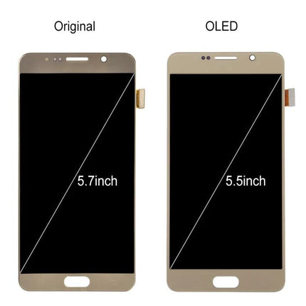 Repair Your Samsung Galaxy Note 5 Screen For Daily Use replacement LCD and digitizer assembly showing Original 5.7inch vs OLED 5.5inch screens