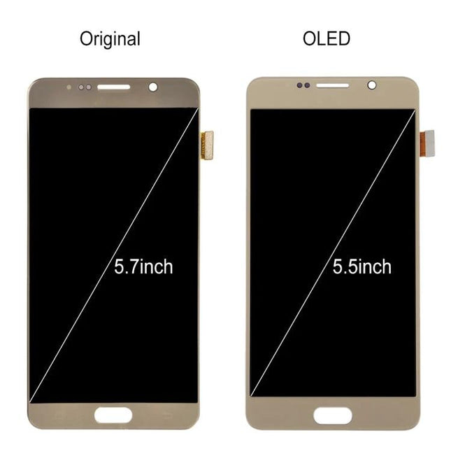 Repair Your Samsung Galaxy Note 5 Screen For Daily Use replacement LCD and digitizer assembly showing Original 5.7inch vs OLED 5.5inch screens