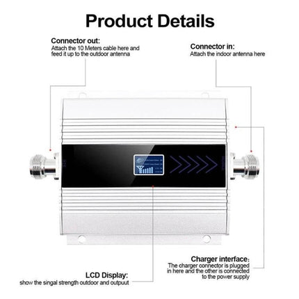 3G Signal Amplifier with 10-Meter Extension Cable for Mobile Use - compact silver booster showing connectors, LCD display and labeled product details