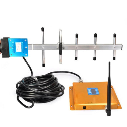 Portable GSM Signal Booster for Better Mobile Reception showing outdoor antenna, long coax cable and orange indoor amplifier for improved mobile signal