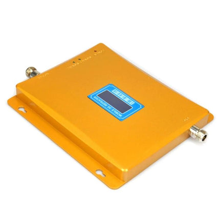 Portable GSM Signal Booster for Better Mobile Reception - yellow compact metal booster with connectors for improved rural and indoor mobile reception