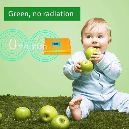 Portable GSM Signal Booster for Better Mobile Reception shown near baby holding green apples, highlights no radiation and safe indoor use