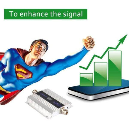 GSM 850MHz Signal Booster for Enhanced Mobile Network Coverage - superhero graphic boosting phone signal with silver signal amplifier