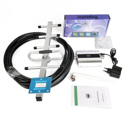 GSM Signal Booster for 900MHz Networks with Yagi Antenna kit showing Yagi antenna, coax cable, amplifier, power adapter and accessories