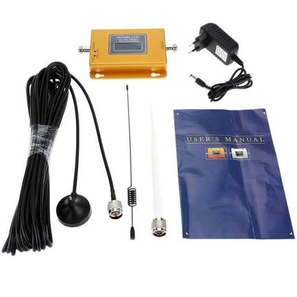 Mobile Phone Signal Booster for Home and Office Use - WCDMA 2100MHz kit with indoor/outdoor antennas, power adapter and user manual