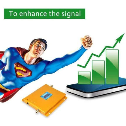 Mobile Phone Signal Booster for Home and Office Use showing a superhero boosting signal bars with outdoor and indoor antennas