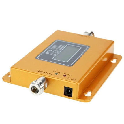 Mobile Phone Signal Booster for Home and Office Use - DCS 1800MHz compact gold indoor booster with connectors and LCD display