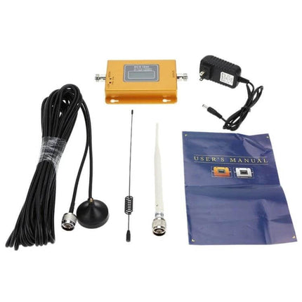 Mobile Phone Signal Booster for Home and Office Use kit with DCS 1800MHz amplifier, antennas, power adapter and user manual