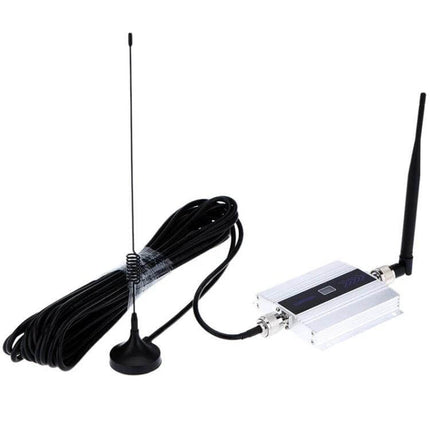 Compact GSM 900MHz Signal Repeater for Indoor Mobile Use showing compact repeater unit, antenna and long coax cable for improved indoor mobile signal