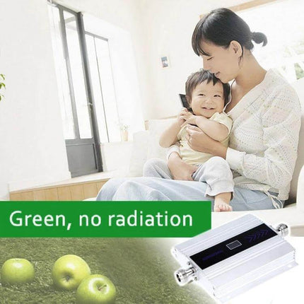 Compact GSM 900MHz Signal Repeater for Indoor Mobile Use - compact indoor repeater shown near mother and baby, LCD indicator, improves home office signal
