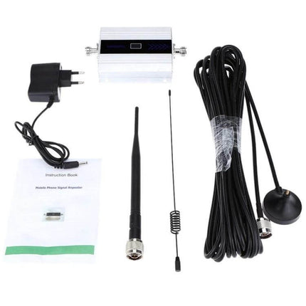 Compact GSM 900MHz Signal Repeater for Indoor Mobile Use showing unit, power adapter, two antennas, coax cable and instruction manual
