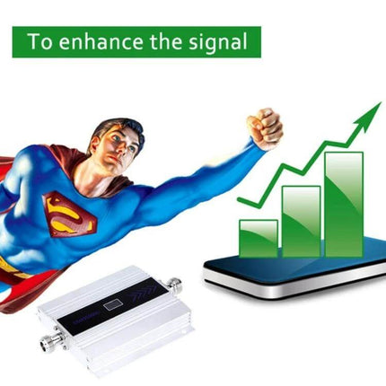 Compact GSM 900MHz Signal Repeater for Indoor Mobile Use - compact booster with LCD, superhero graphic and rising signal bars illustrating improved indoor mobile coverage