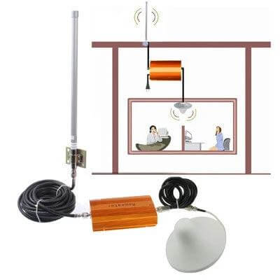 GSM 900 Cellular Signal Booster for Weak Indoor Areas — indoor dome antenna and outdoor antenna kit boosting basement and small office mobile signal
