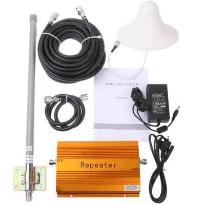 GSM 900 Cellular Signal Booster for Weak Indoor Areas - indoor repeater kit with antenna, coax cables, power adapter and orange repeater unit