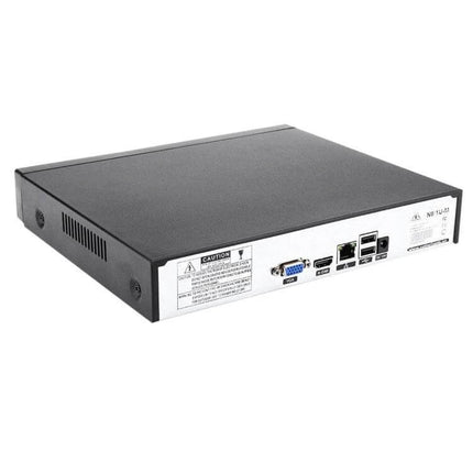 8-Channel Network Video Recorder for Security Monitoring showing NVR unit with rear ports for IP camera recording and remote P2P access