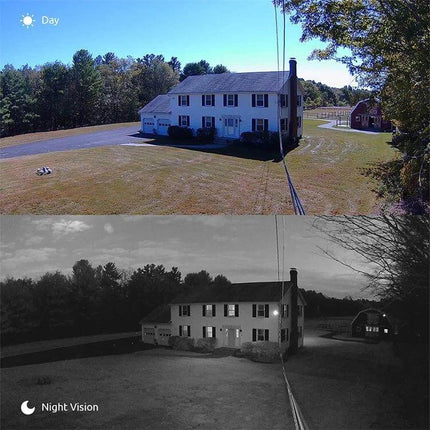 Color Infrared Security Camera for Nighttime Monitoring showing daytime color and night black-and-white views of a house up to 20m
