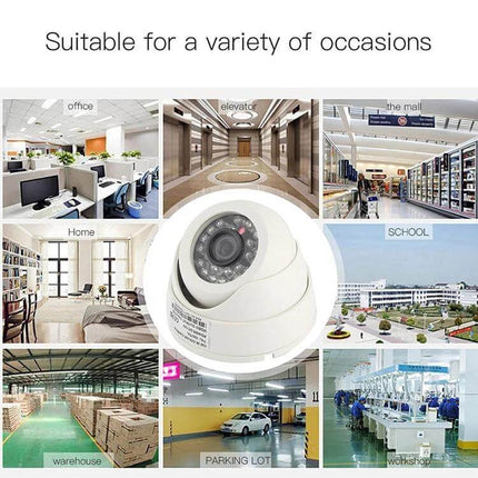Infrared Security Camera with Night Vision for Home Monitoring showing dome camera and example installation scenes (office, mall, home, parking, warehouse)