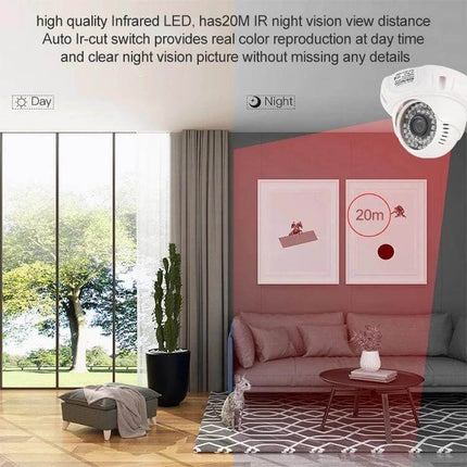 Infrared Security Camera for Home and Outdoor Monitoring showing 20m IR night vision coverage in a living room monitoring driveway backyard and entryway