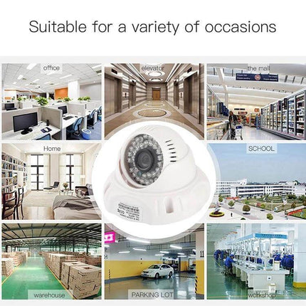 Infrared Security Camera for Home and Outdoor Monitoring showing dome camera with infrared LEDs and examples of uses like home, office, parking lot, warehouse