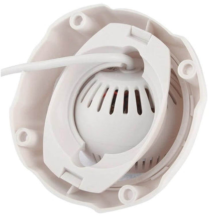 Infrared Security Camera for Home and Outdoor Monitoring white dome camera housing and cable, close-up of infrared sensor and mounting base