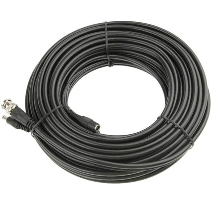 Surveillance Video Cable with BNC Connector, 10 Meters Long - coiled black CCTV cable with BNC and power connectors for camera to recorder hookup