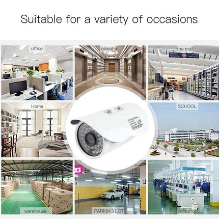 Compact Color Infrared Security Camera for Home Monitoring showing camera and example locations like office, mall, home, school, warehouse