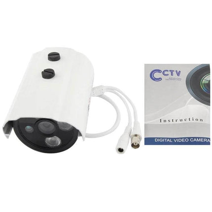 Color Infrared Security Camera for Nighttime Surveillance with 20m Range white outdoor CCTV camera with manual knobs and instruction booklet