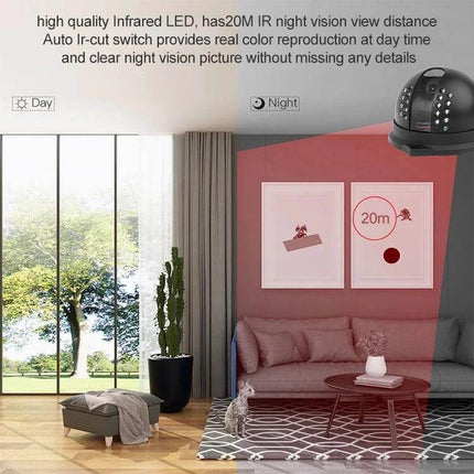 Sony Indoor Security Dome Camera with Night Vision showing 20m IR coverage illuminating a living room for day/night surveillance
