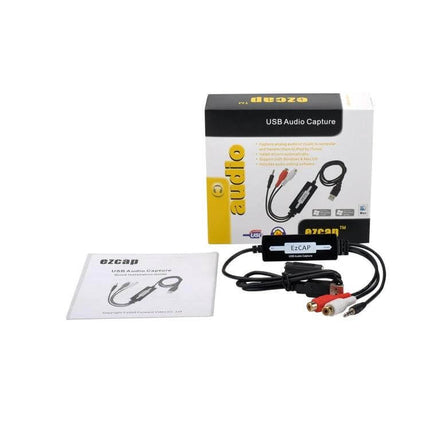 Ezcap216 USB Device for Simple Audio Recording and Playback showing device, RCA and 3.5mm cables, USB connector and product box