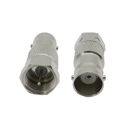BNC Jack to F Plug Adapter for Antennas and Radios silver metal connector showing jack and plug ends