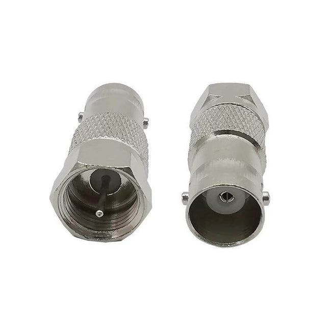 BNC Jack to F Plug Adapter for Antennas and Radios silver metal connector showing jack and plug ends