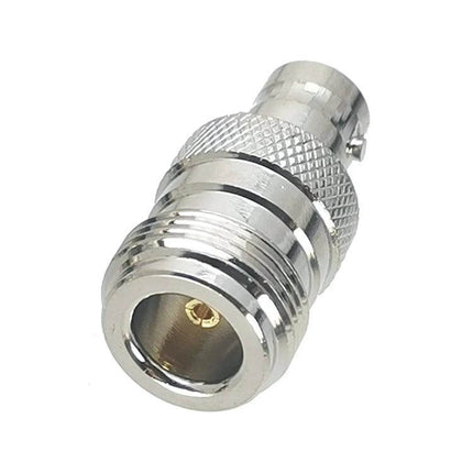 BNC to N Jack Connector for Antennas and Radio Systems metal adapter, close-up view of durable chrome-plated RF connector