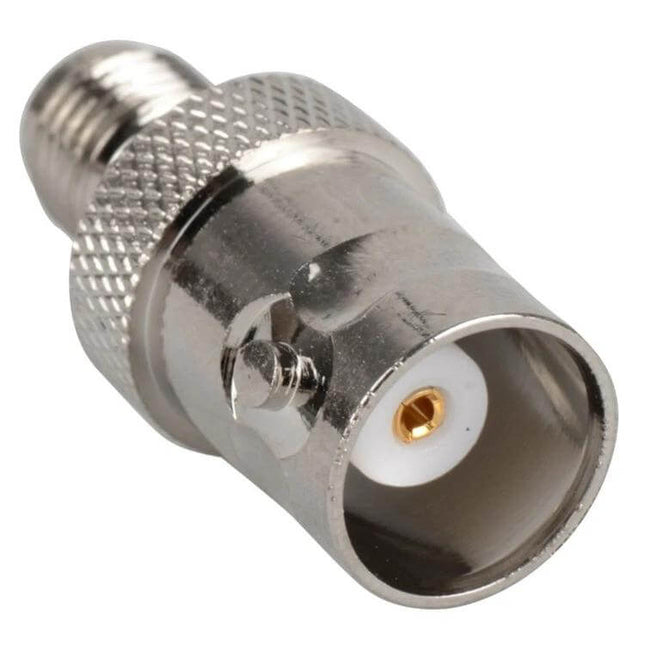 BNC to SMA Jack Connector for Antenna and Broadcast Use - close-up metal adapter for radio and telecom connections