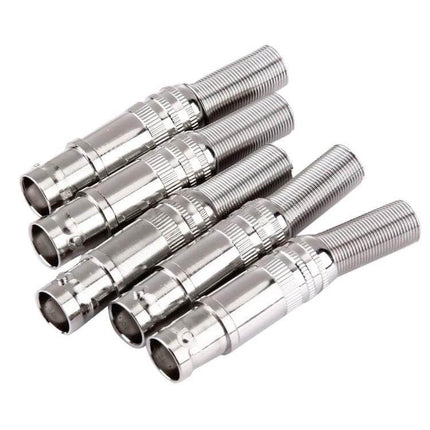 Set of 5 Straight Female BNC Connectors for Video Cables - chrome CCTV video cable connectors with spring strain relief