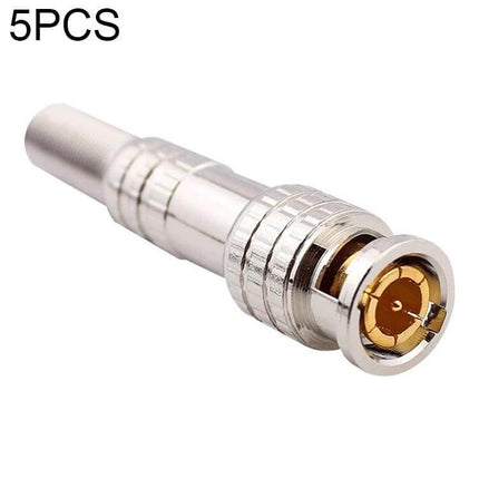 5 Piece Set of Male to Female BNC Connectors for Coaxial Cables - close-up chrome BNC connector for RG6, 50/75 OHM, bayonet coupling